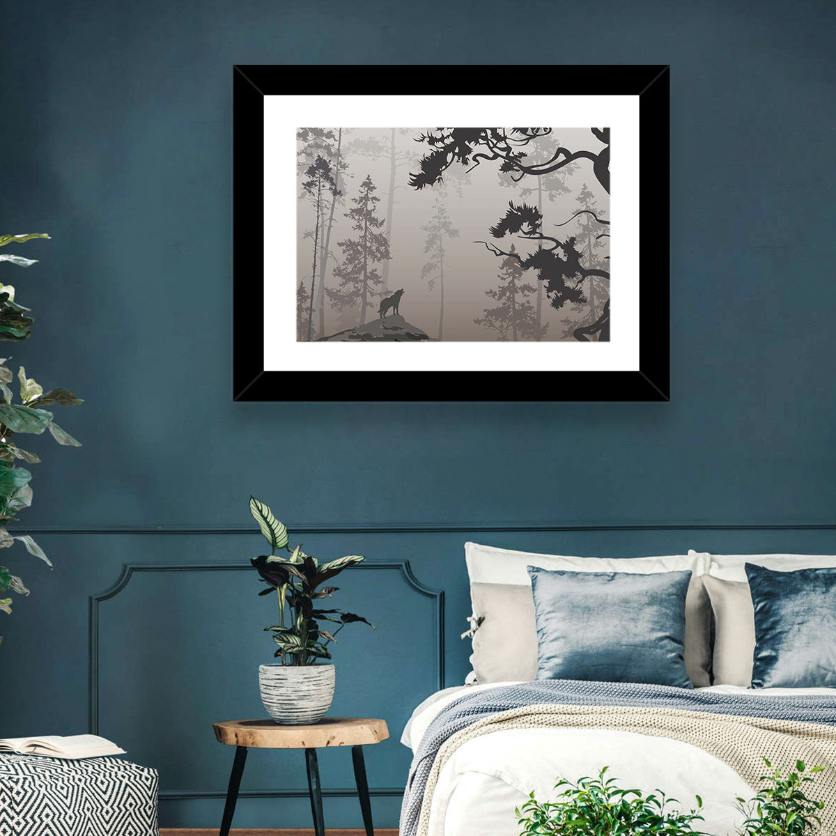 Howling Wolf in Misty Forest Wall Art in a room, landscape