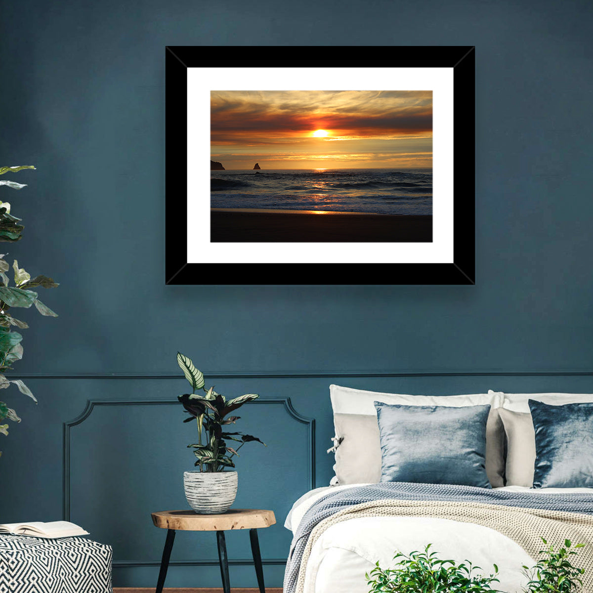 Oregon Sea Stack Sunset Wall Art in a room, landscape