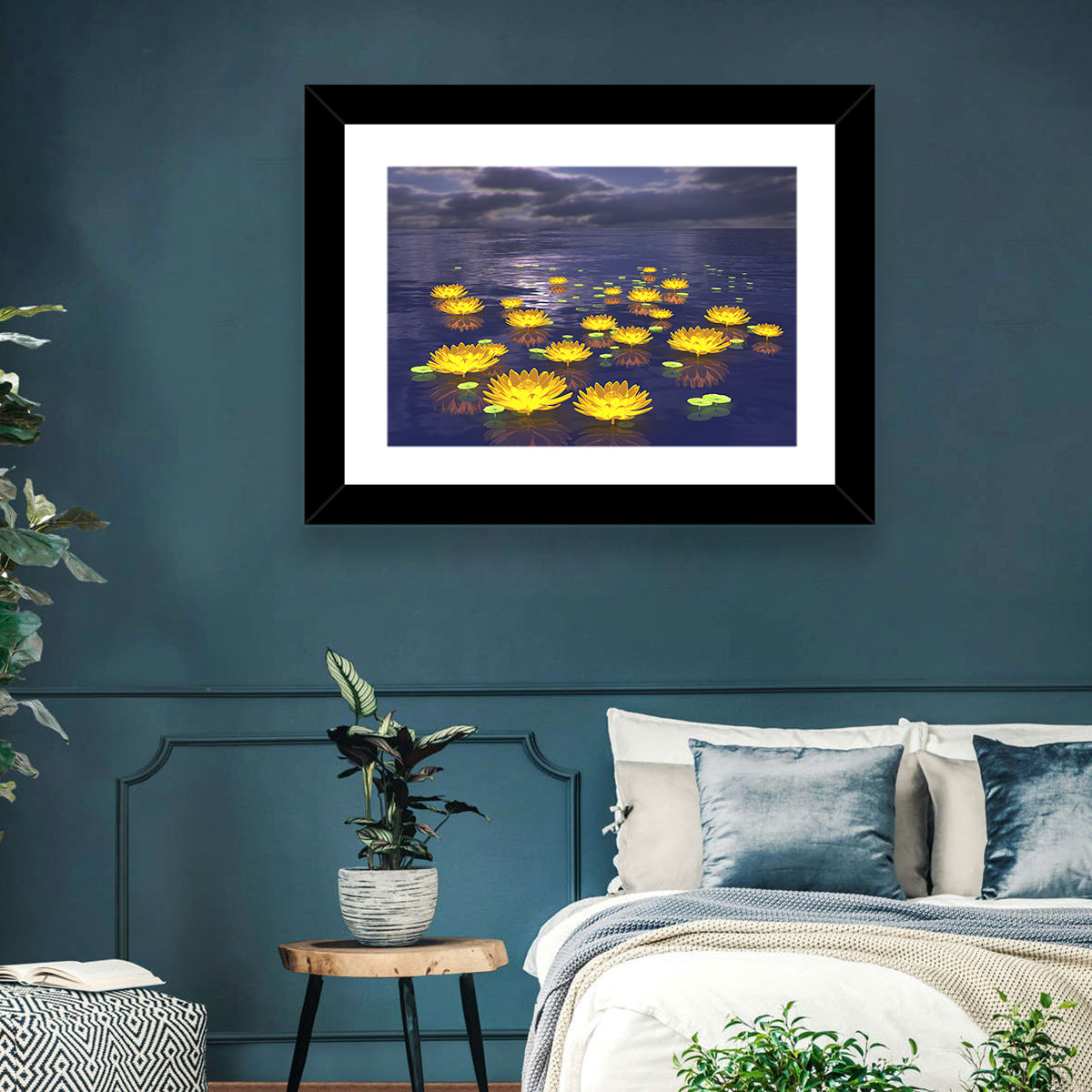 Floating Lotus at Dusk Wall Art in a room, landscape