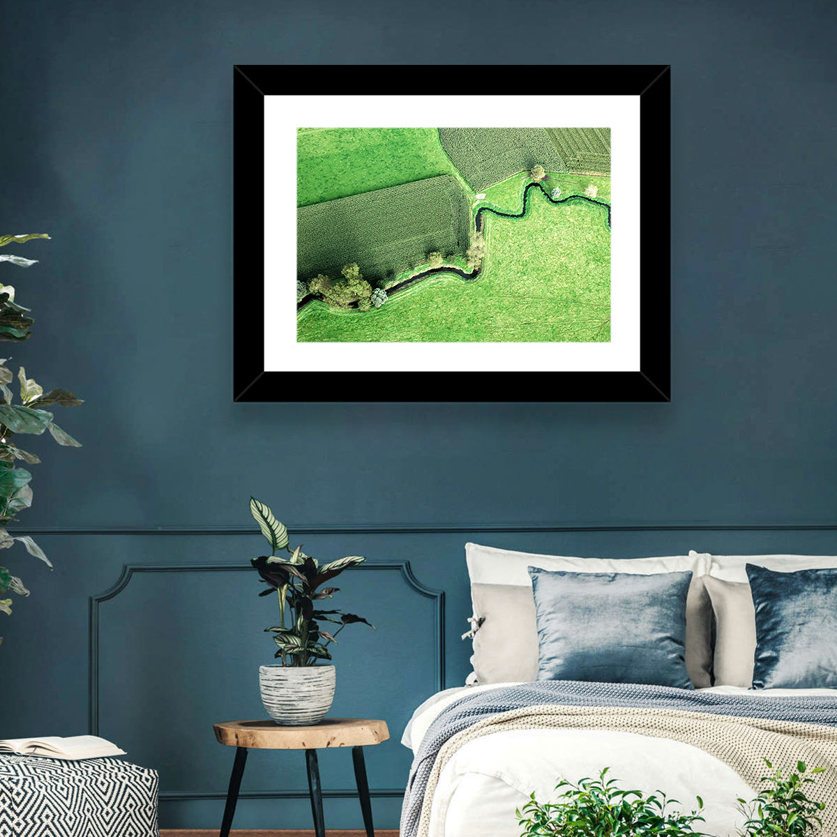 Meandering Stream Over Farmland Wall Art in a room, landscape