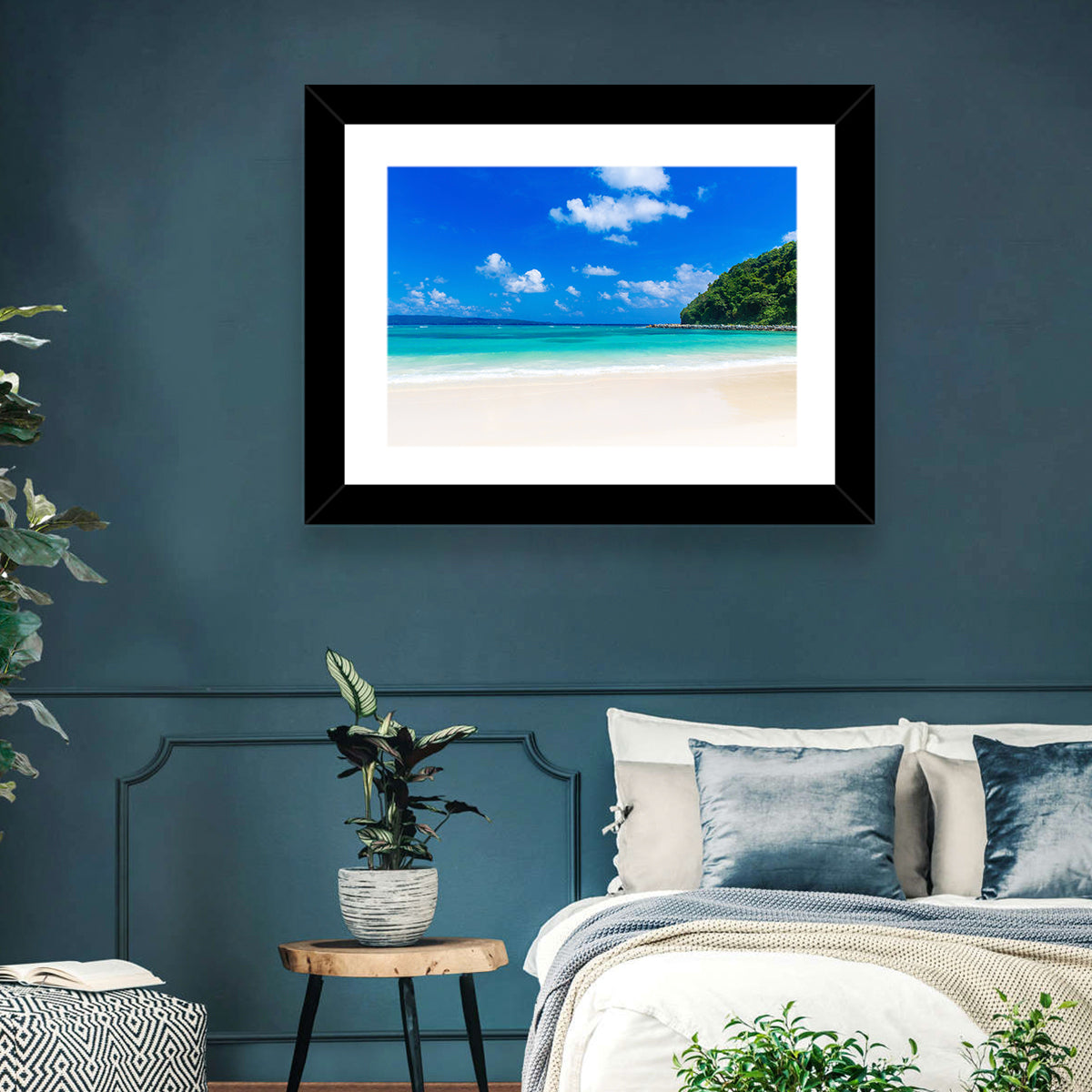 Turquoise Tropical Beach Scene Wall Art in a room, landscape