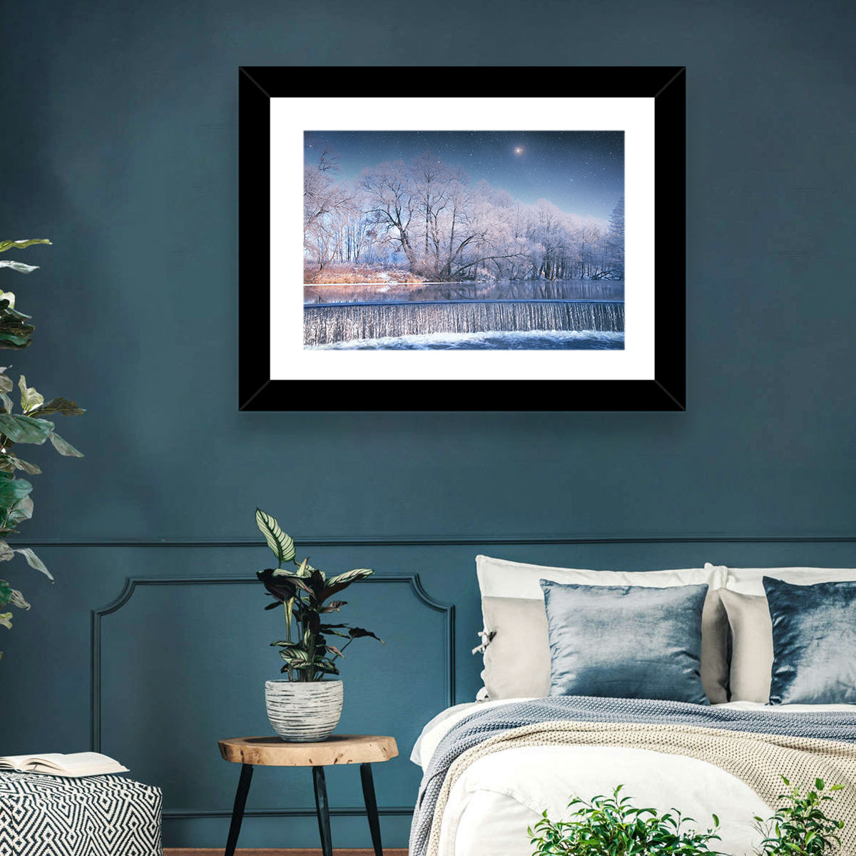 Starlit Winter Waterfall Wall Art in a room, landscape