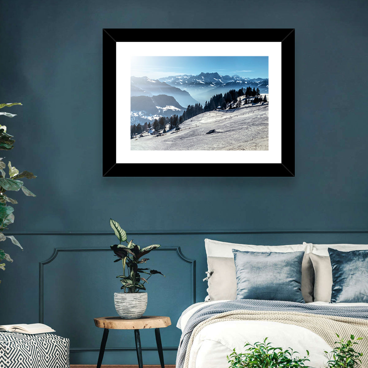 Sunlit Alpine Ski Slope Wall Art in a room, landscape