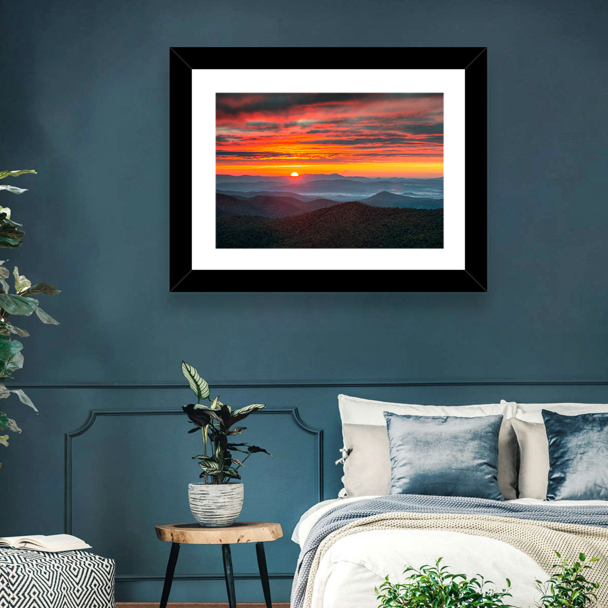Blue Ridge Sunrise Over Misty Ridges Wall Art in a room, landscape