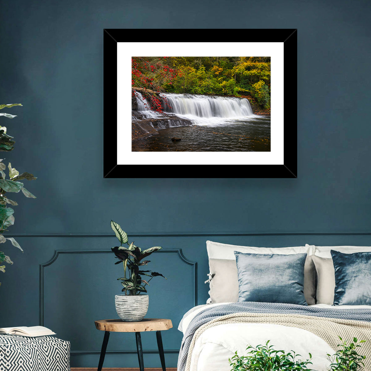 Blue Ridge Autumn Waterfall Wall Art in a room, landscape