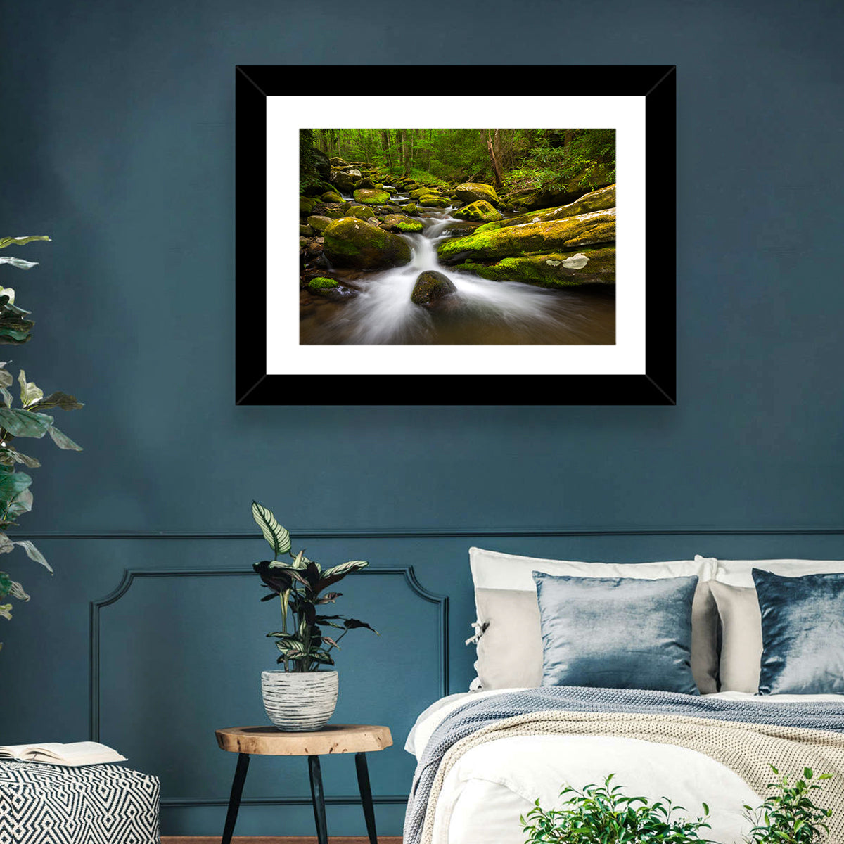Mossy Forest Stream Wall Art in a room, landscape
