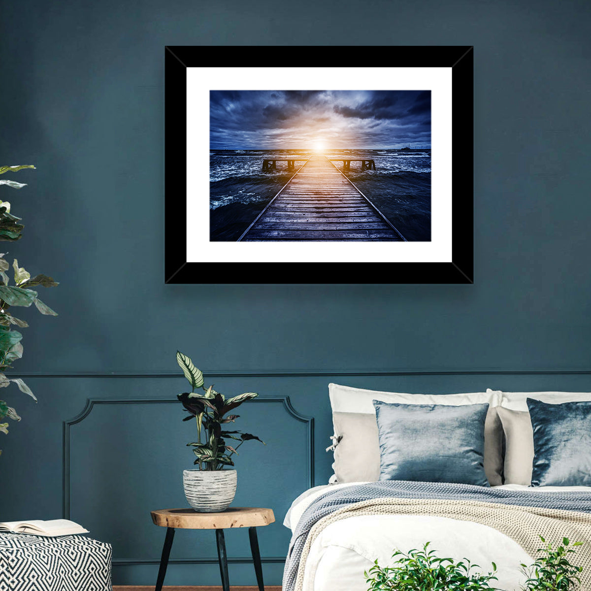 Sunlit Wooden Jetty at Dusk Wall Art