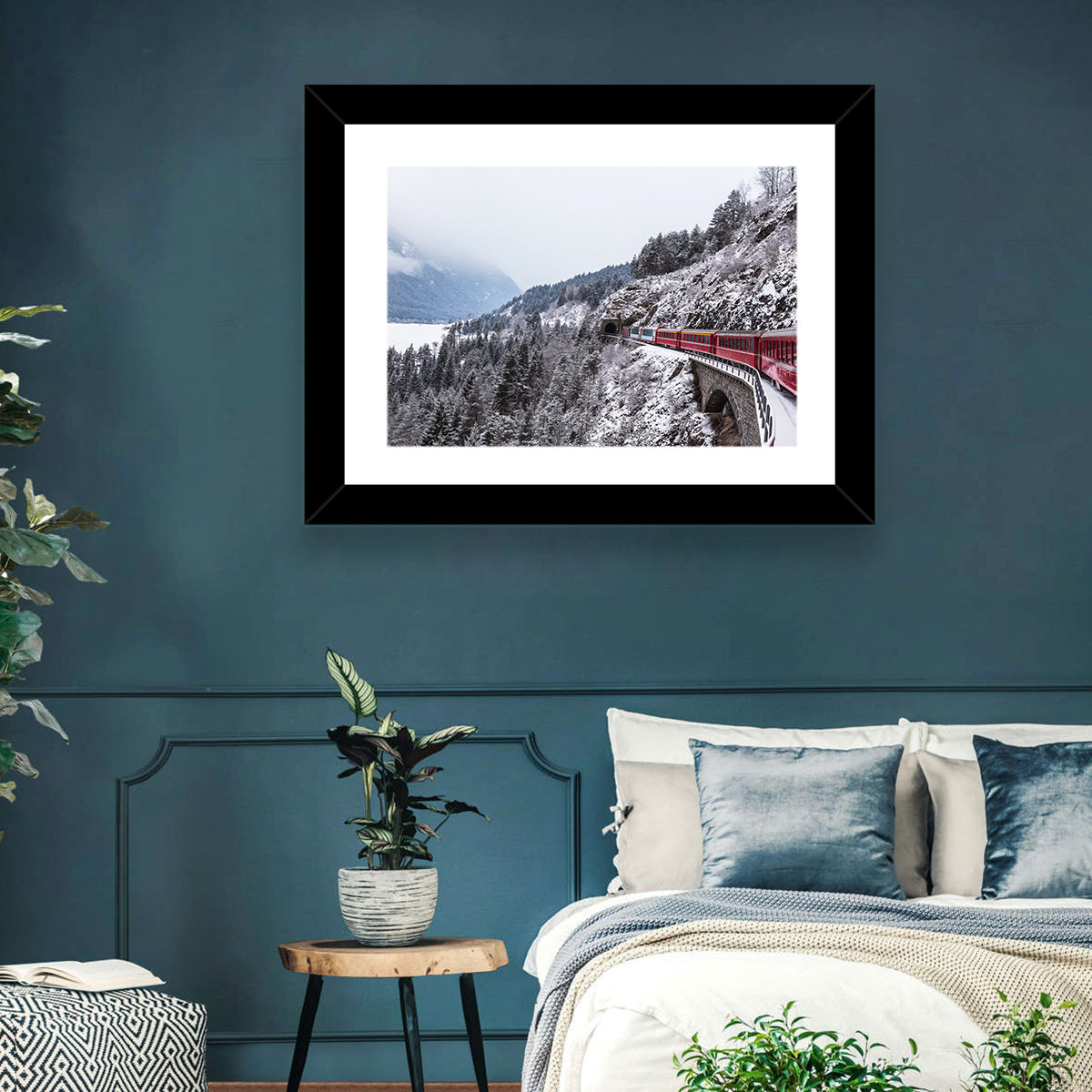 Red Train at Landwasser Viaduct Wall Art in a room, landscape