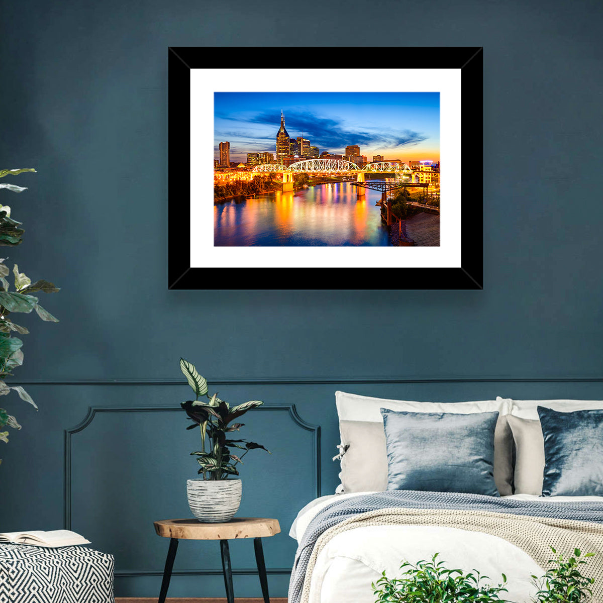 Nashville Skyline at Twilight Bridge Reflections Wall Art in a room, landscape