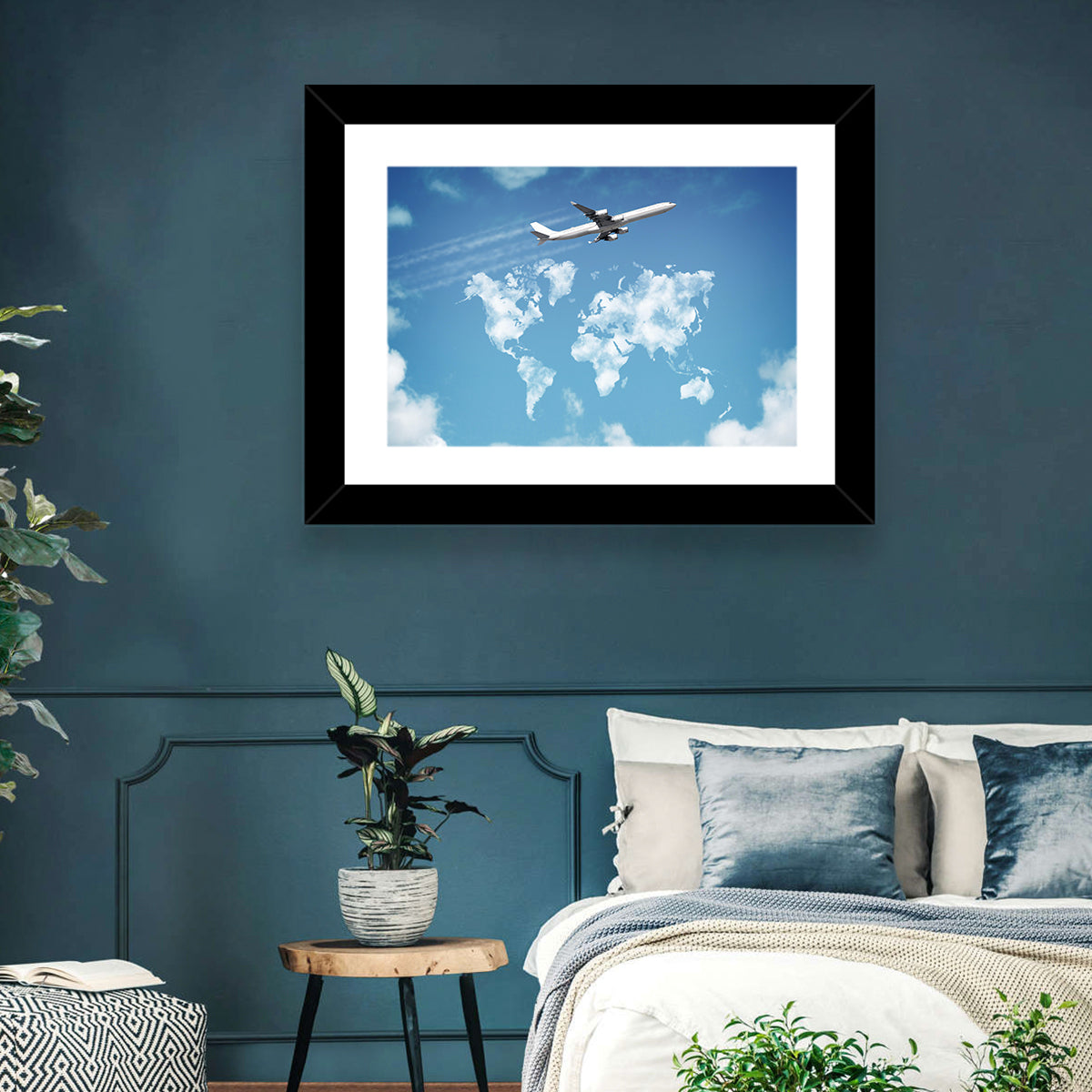 Jet Over Cloud World Map Wall Art in a room, landscape