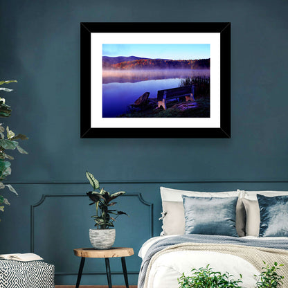 Bench at Misty Lake Sunrise Wall Art