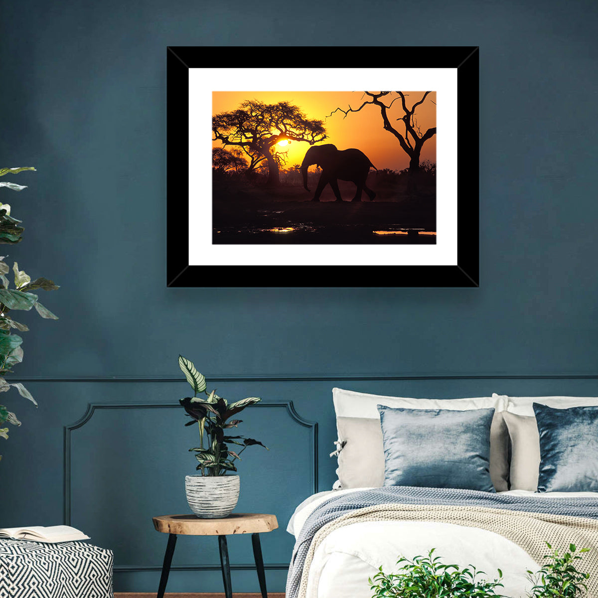 Elephant at Sunset Wall Art in a room, landscape