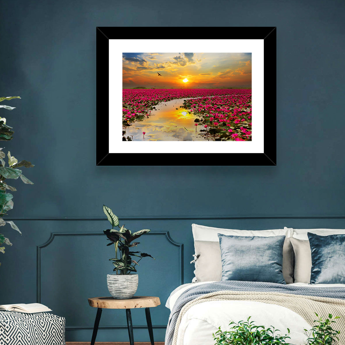 Golden Hour Lotus Field Wall Art in a room, landscape