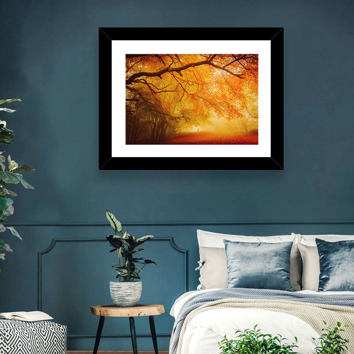 Autumn Forest Path with Lone Figure Wall Art in a room, landscape