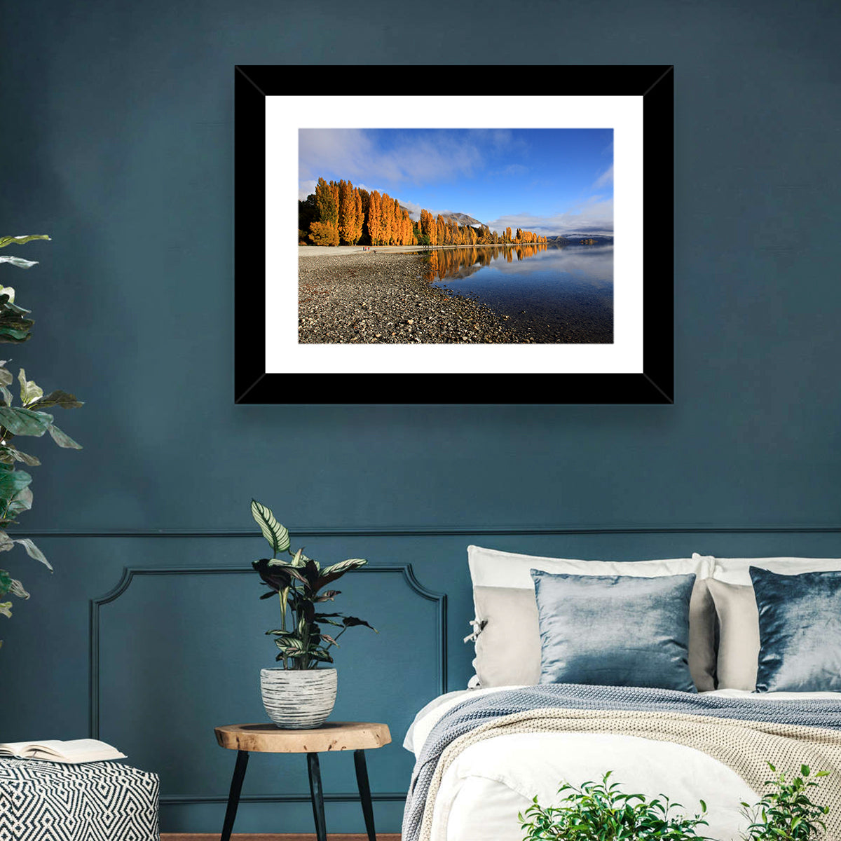 Lake Wanaka Golden Reflection Wall Art in a room, landscape