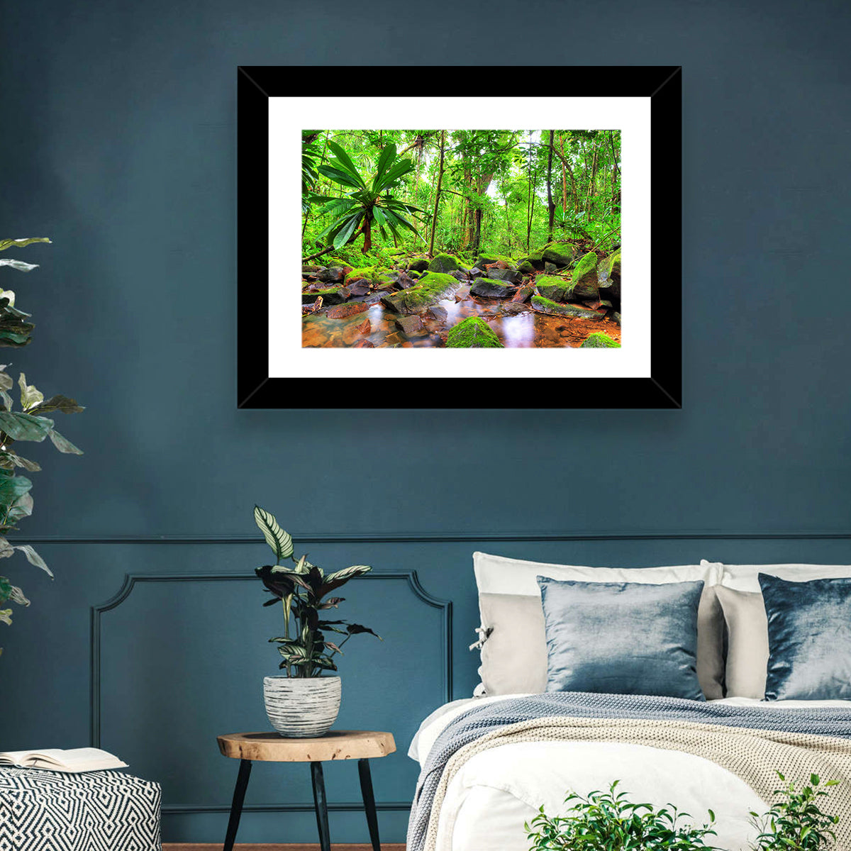 Mossy Rainforest Stream Wall Art in a room, landscape