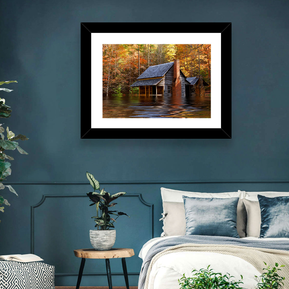 Autumn Flooded Log Cabin Wall Art