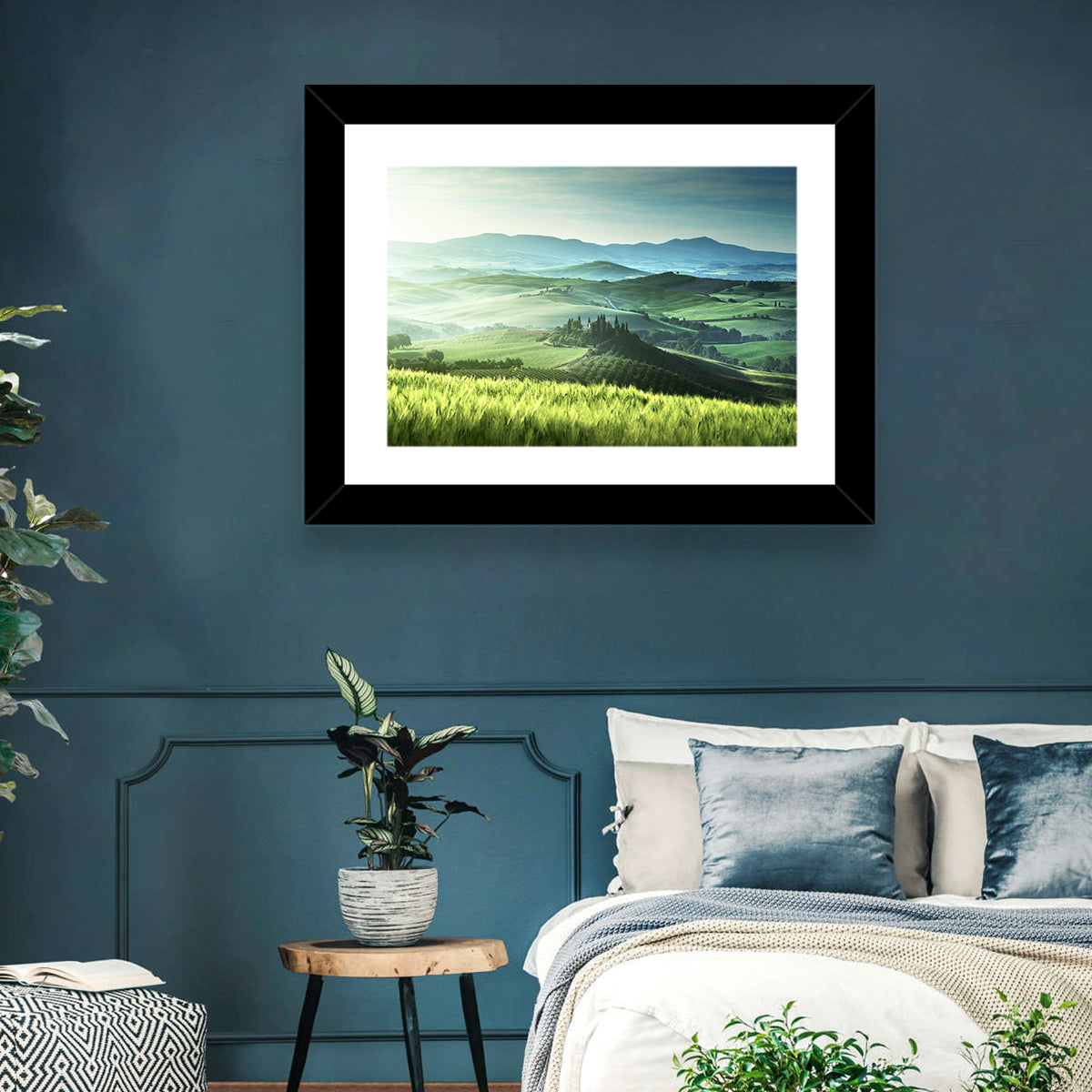 Misty Rolling Hills with Cypresses Wall Art in a room, landscape