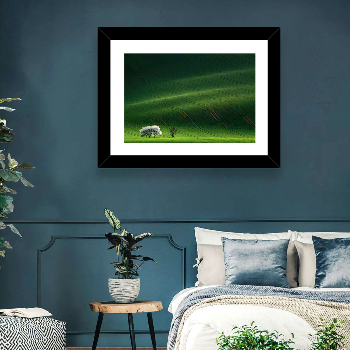 Emerald Hills with Blossoming Tree Wall Art in a room, landscape