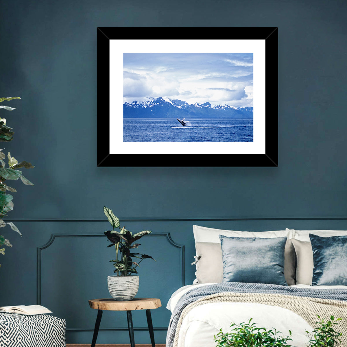Humpback Whale with Snow Capped Mountains Wall Art in a room, landscape