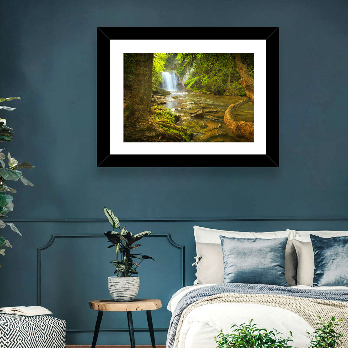 Deep Forest Waterfall Wall Art in a room, landscape
