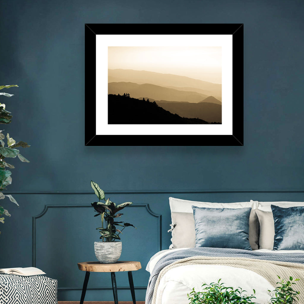 Foggy Mountain Sunset with Evergreen Silhouettes Wall Art