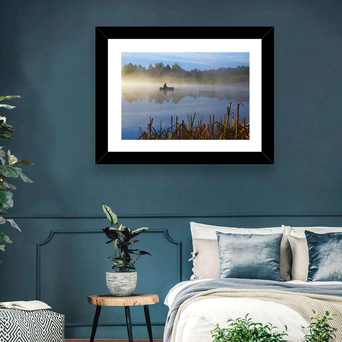 Misty Lake Fisherman Wall Art in a room, landscape