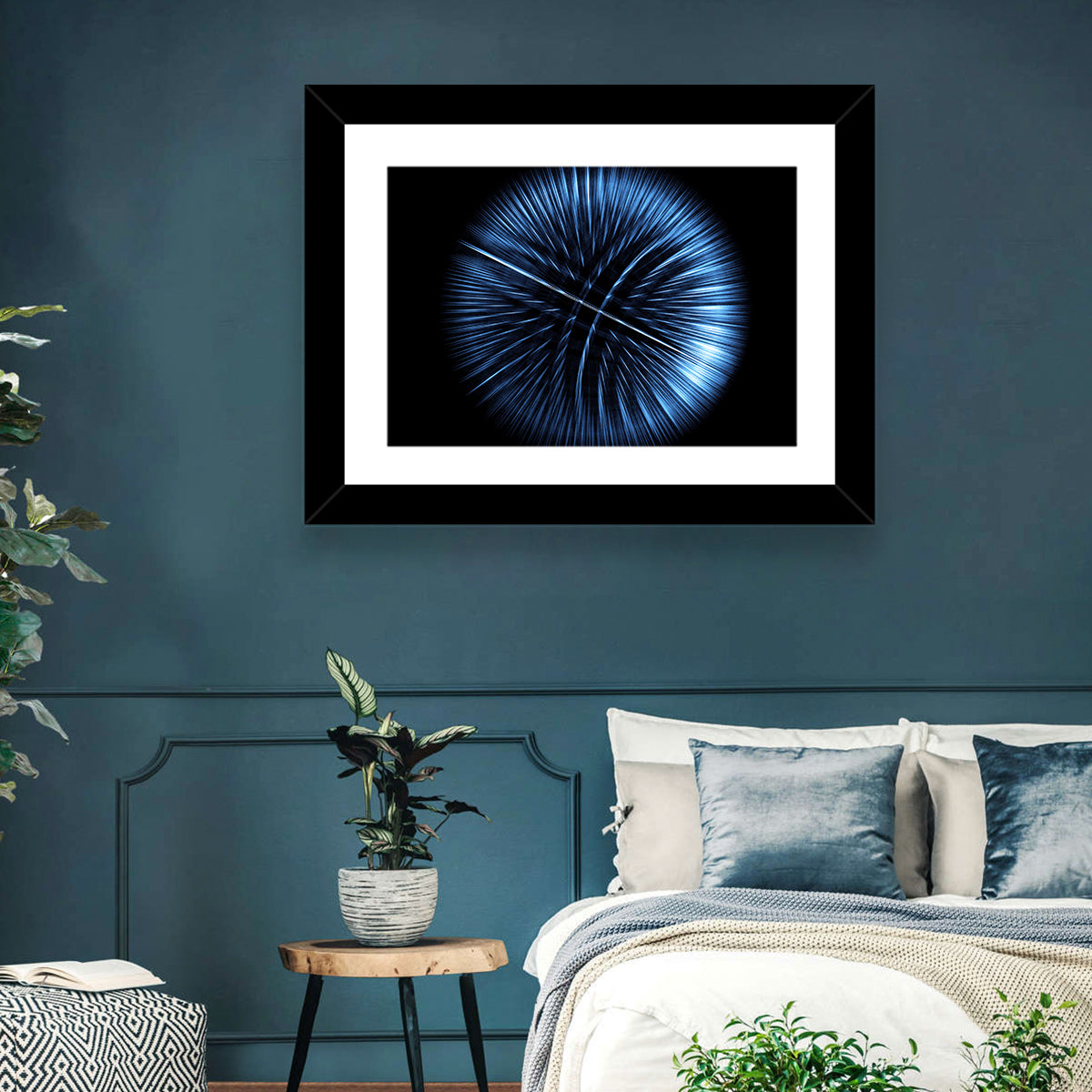 Glowing Blue Textured Sphere Wall Art in a room, landscape