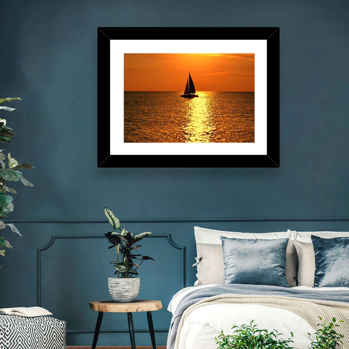 Sailboat Silhouette at Golden Sunset Wall Art