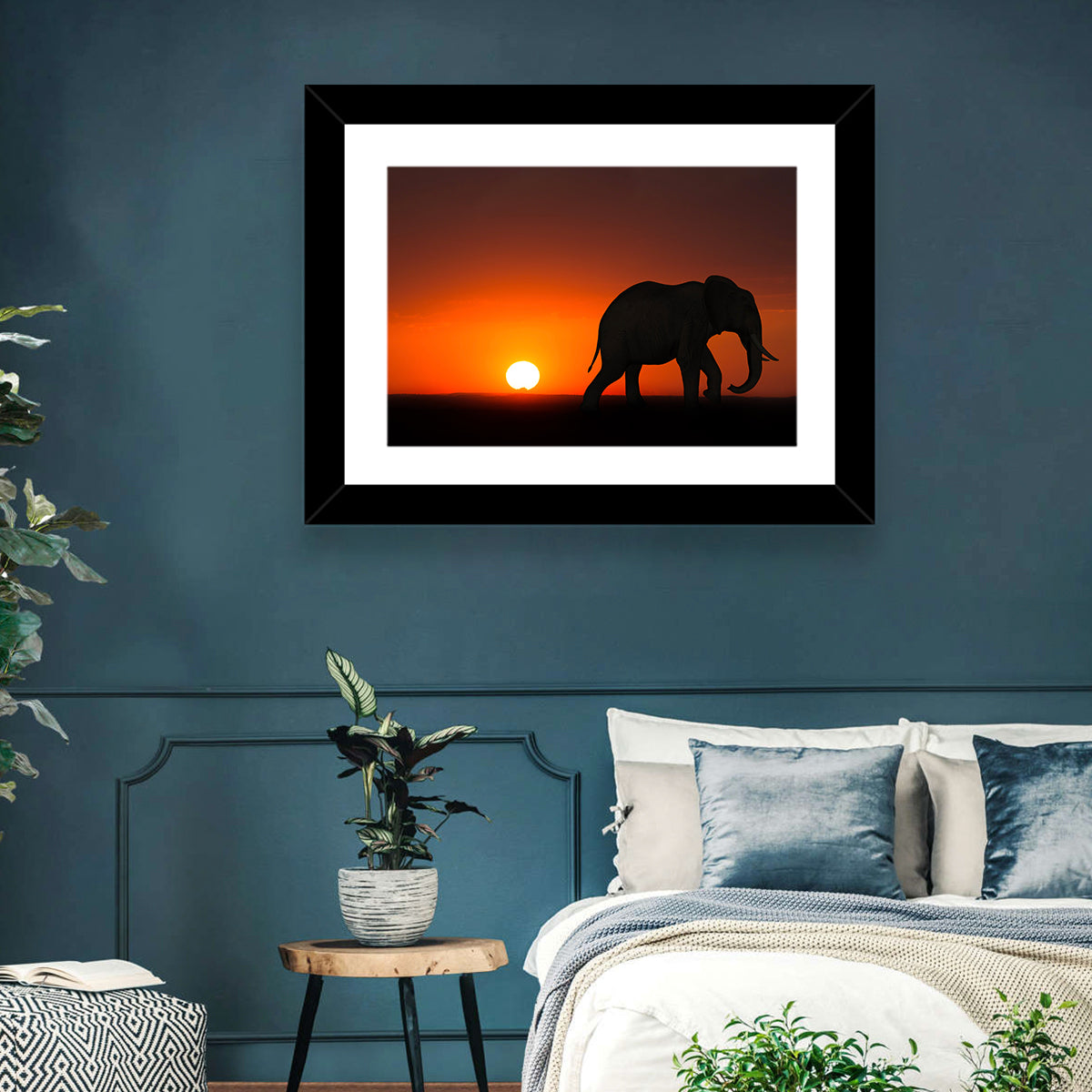 Sunset Elephant Silhouette Wall Art in a room, landscape