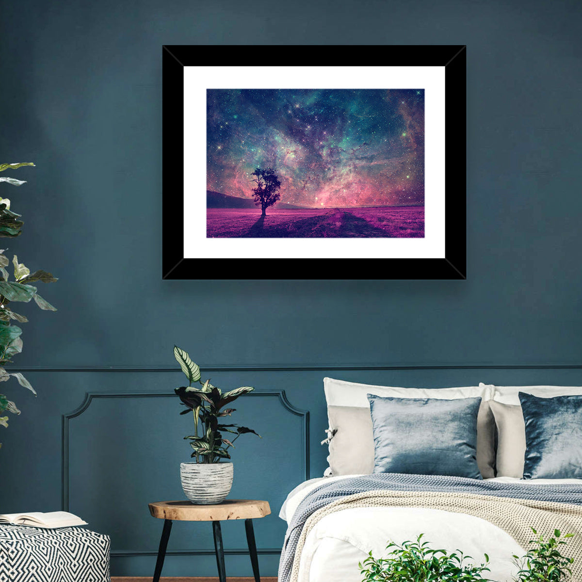 Lone Tree Under Nebula Sky Wall Art in a room, landscape