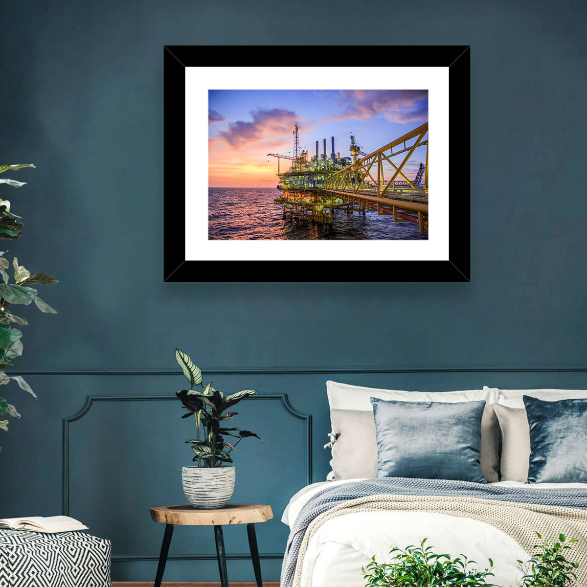 Golden Hour Offshore Oil Rig Wall Art in a room, landscape