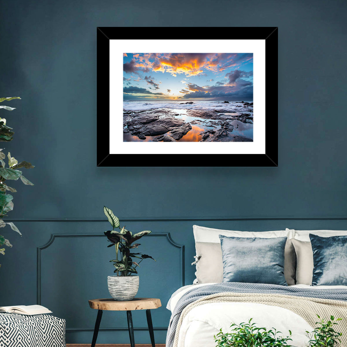 Sunset Over Volcanic Shore Wall Art in a room, landscape