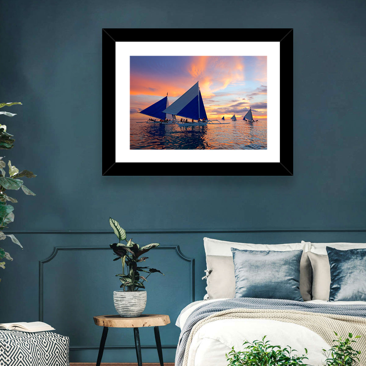 Outrigger Sailboats at Sunset Wall Art in a room, landscape
