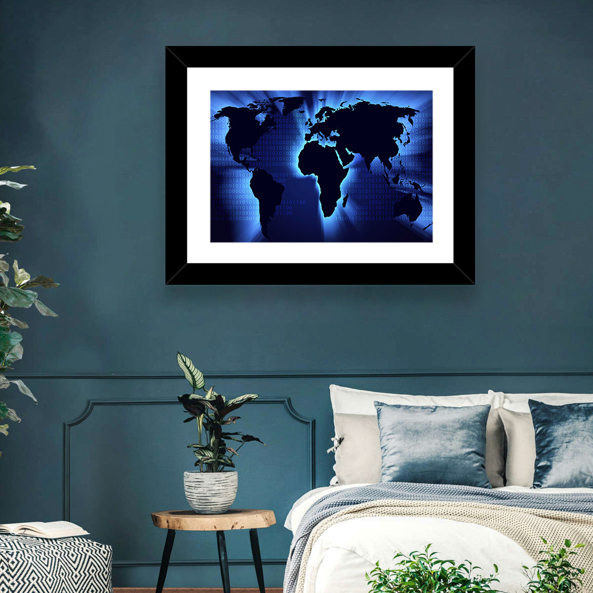 Glowing Digital World Map Wall Art in a room, landscape