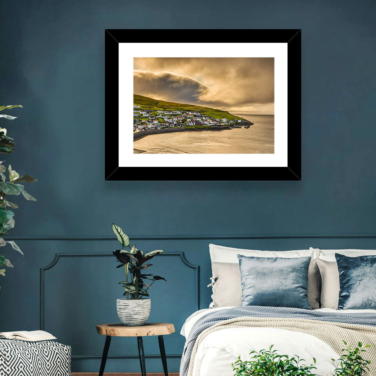 Coastal Village at Golden Hour Wall Art in a room, landscape