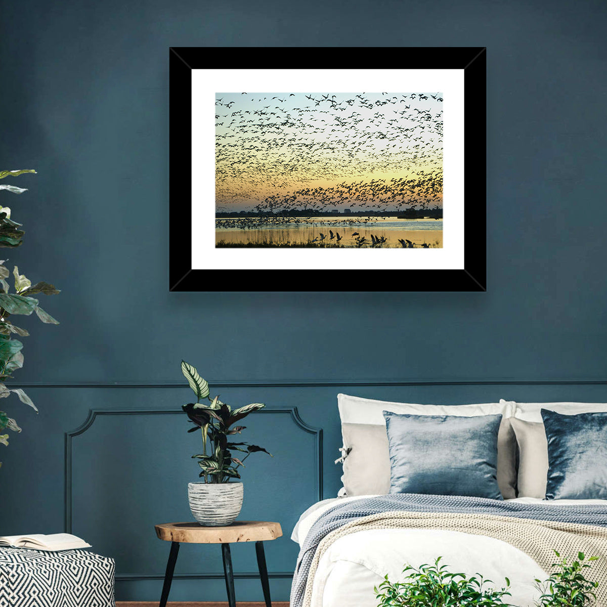 Snow Geese Over River Wall Art in a room, landscape