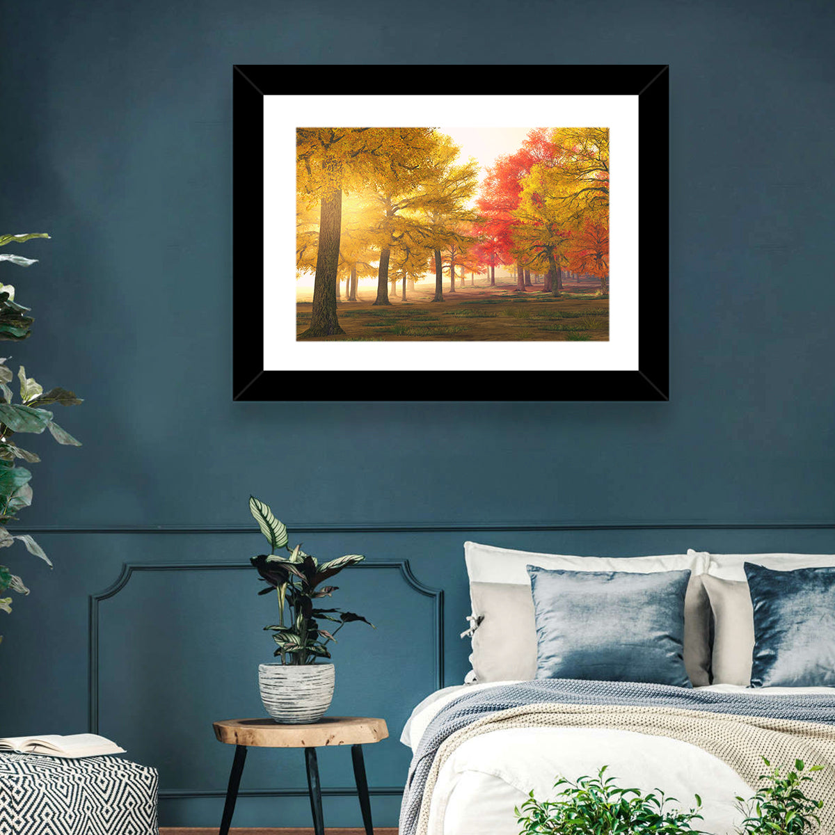 Foggy Autumn Forest Wall Art in a room, landscape
