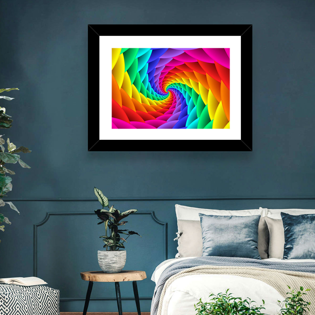 Rainbow Spiral Vortex Tunnel Wall Art in a room, landscape