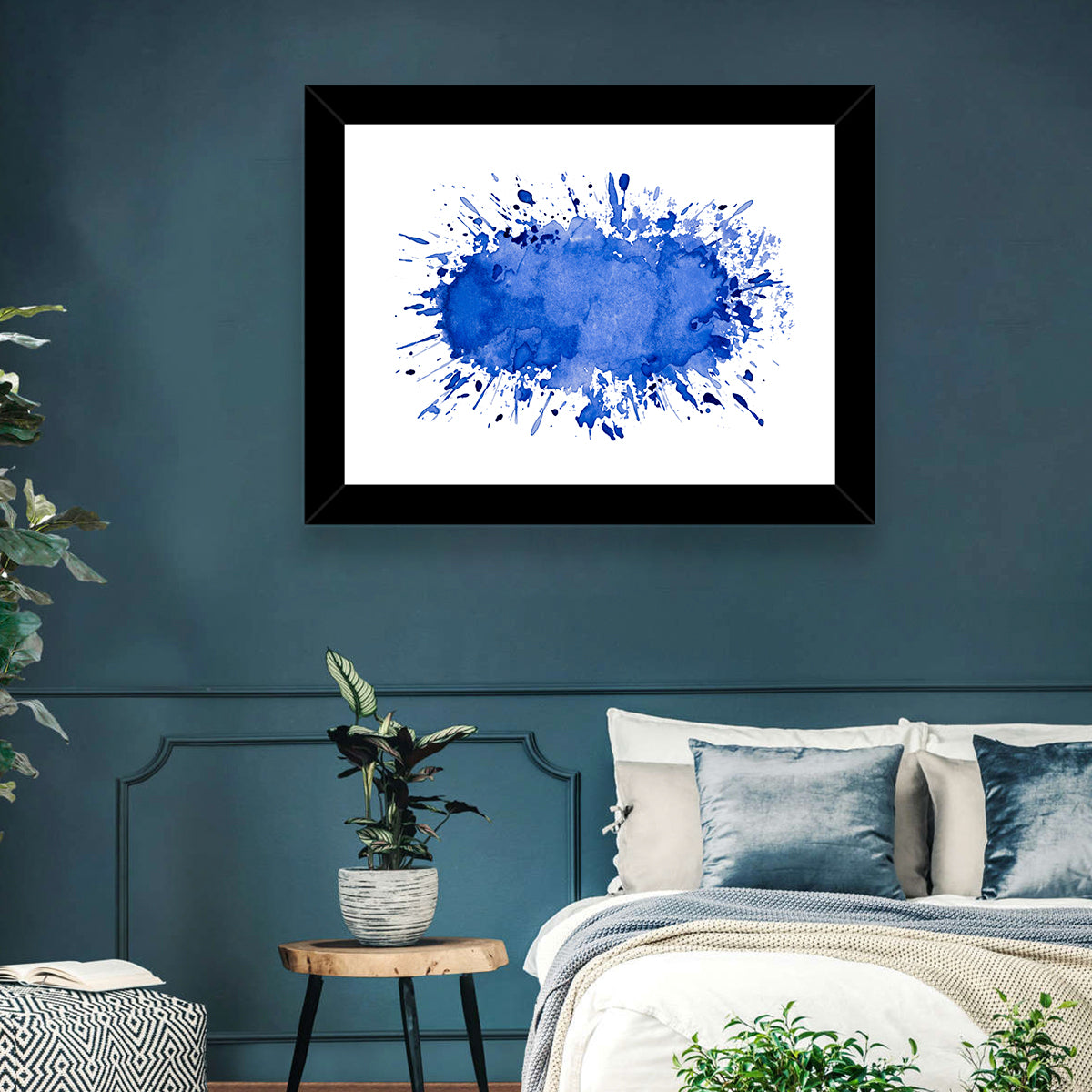 Blue Ink Splash Wall Art in a room, landscape
