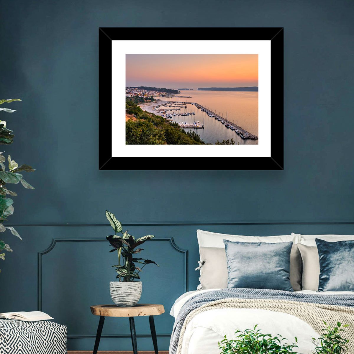 Pylos Harbor Lighthouse Sunset Wall Art in a room, landscape