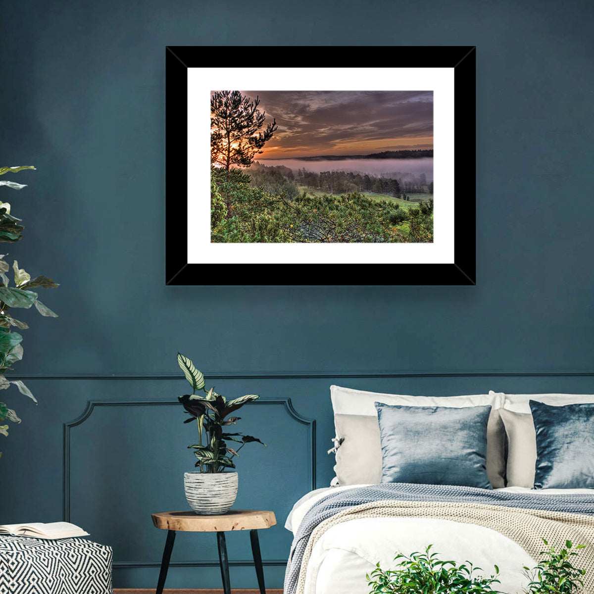 Misty Swedish Pine Valley Wall Art in a room, landscape