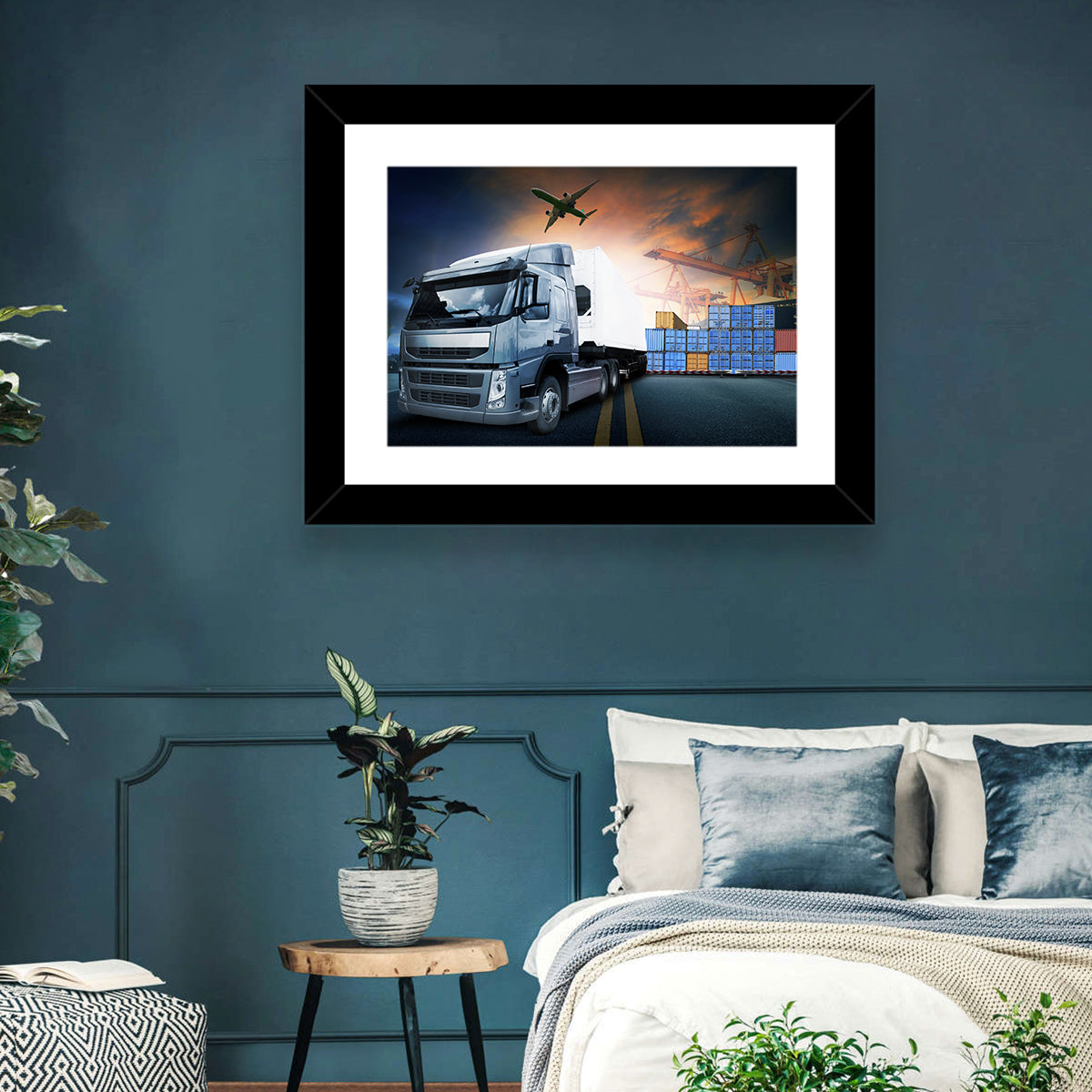 Sunset Freight Terminal Truck Scene Wall Art in a room, landscape