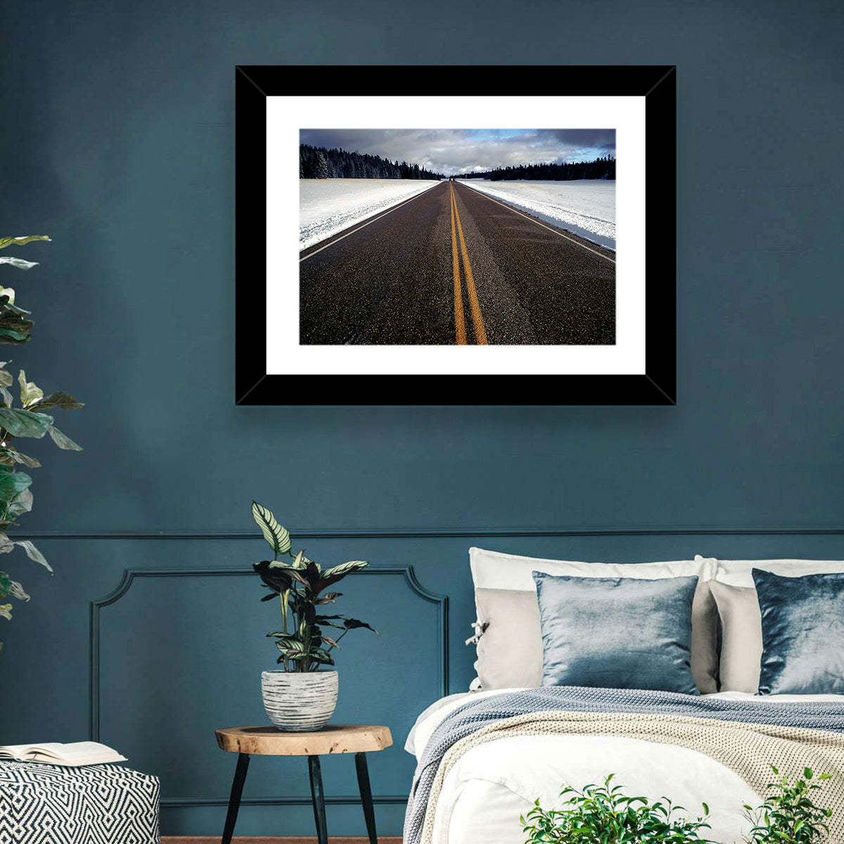 Winter Road Through Pine Forest Wall Art in a room, landscape