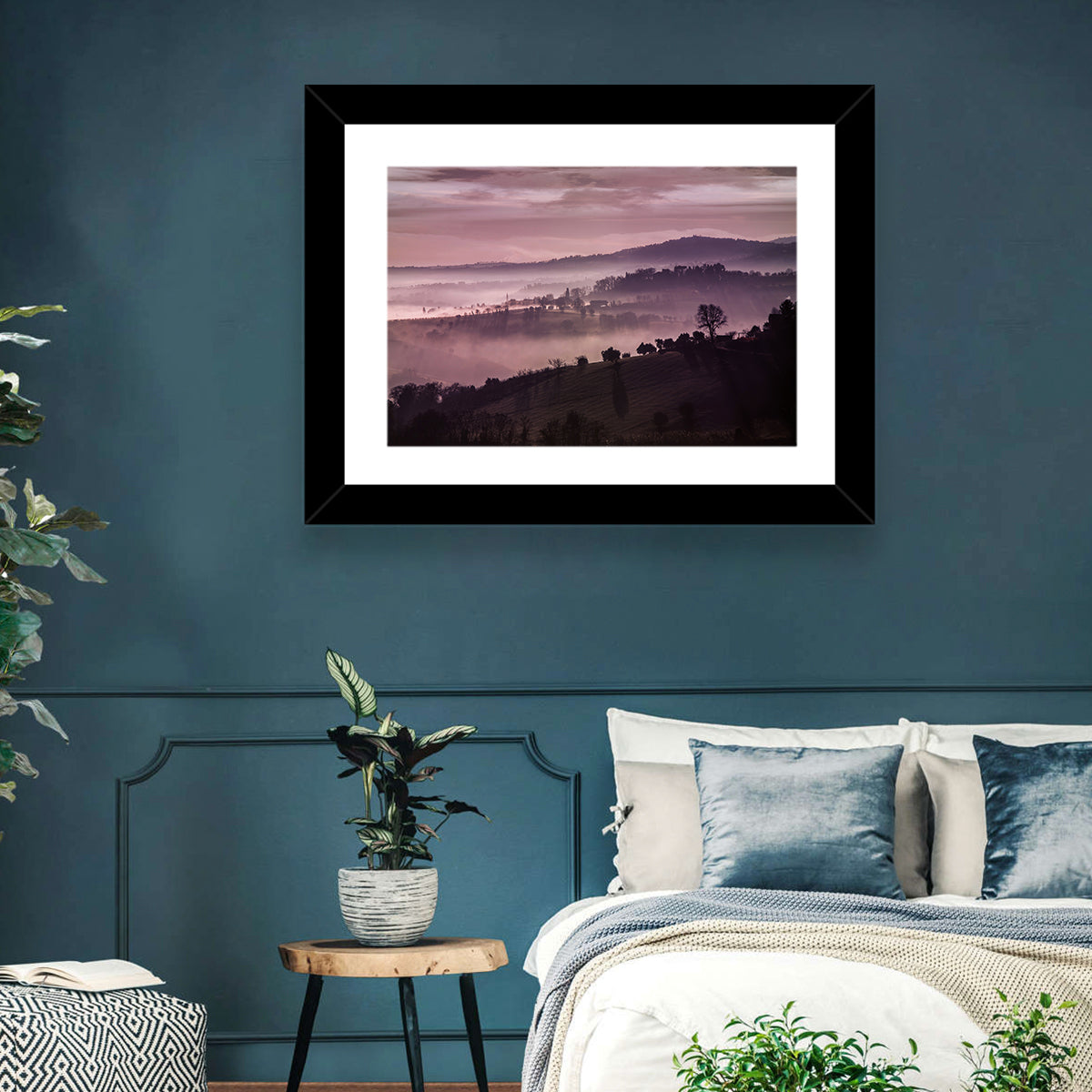 Misty Lavender Hills Wall Art in a room, landscape