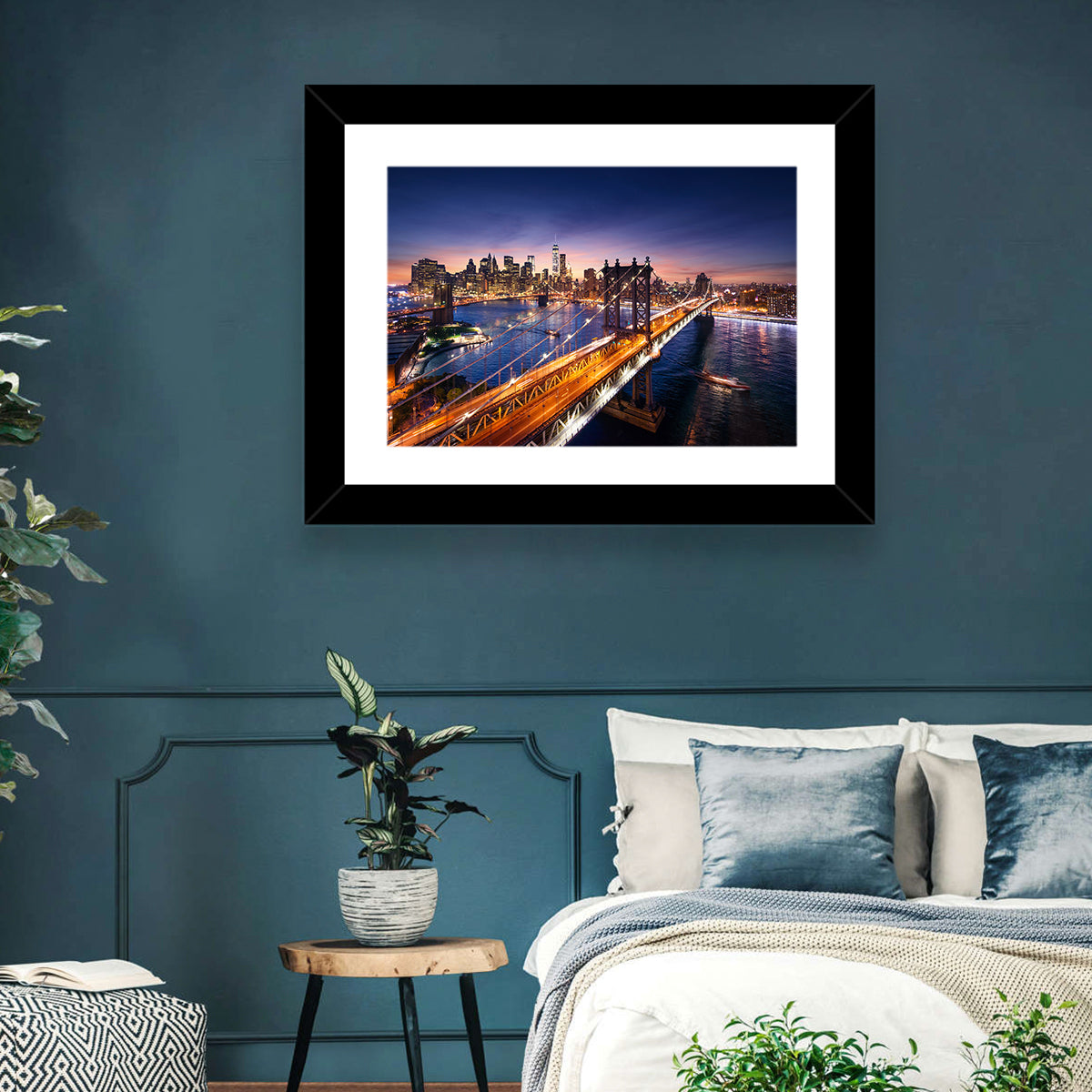 Sunset Over Manhattan Bridges Wall Art in a room, landscape