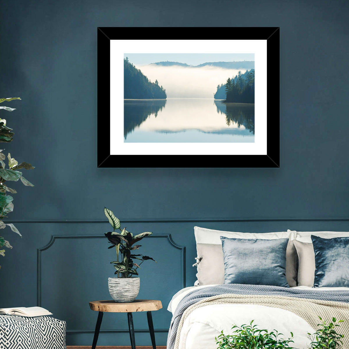 Foggy Lake Morning Wall Art in a room, landscape