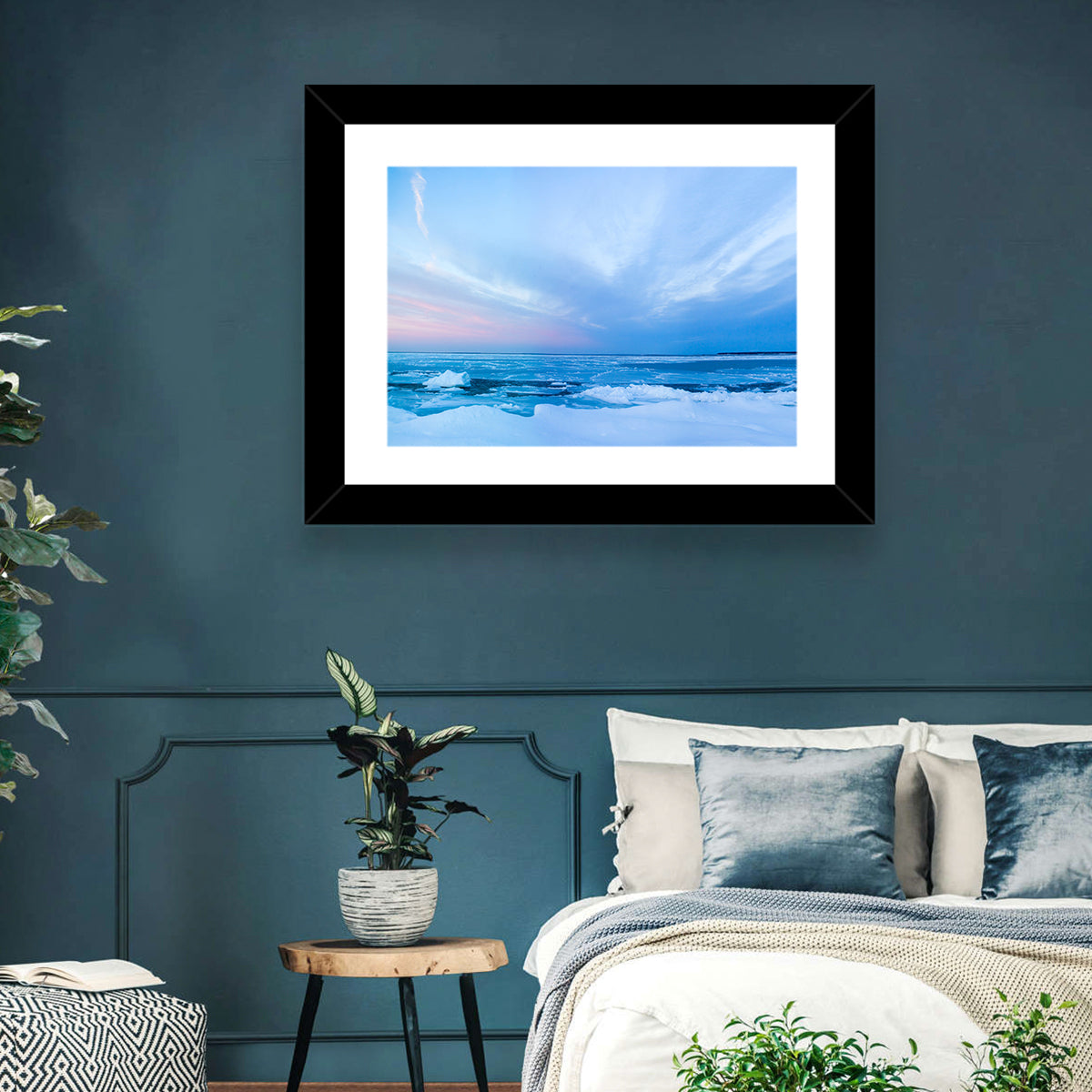 Frozen Blue Seascape Wall Art in a room, landscape