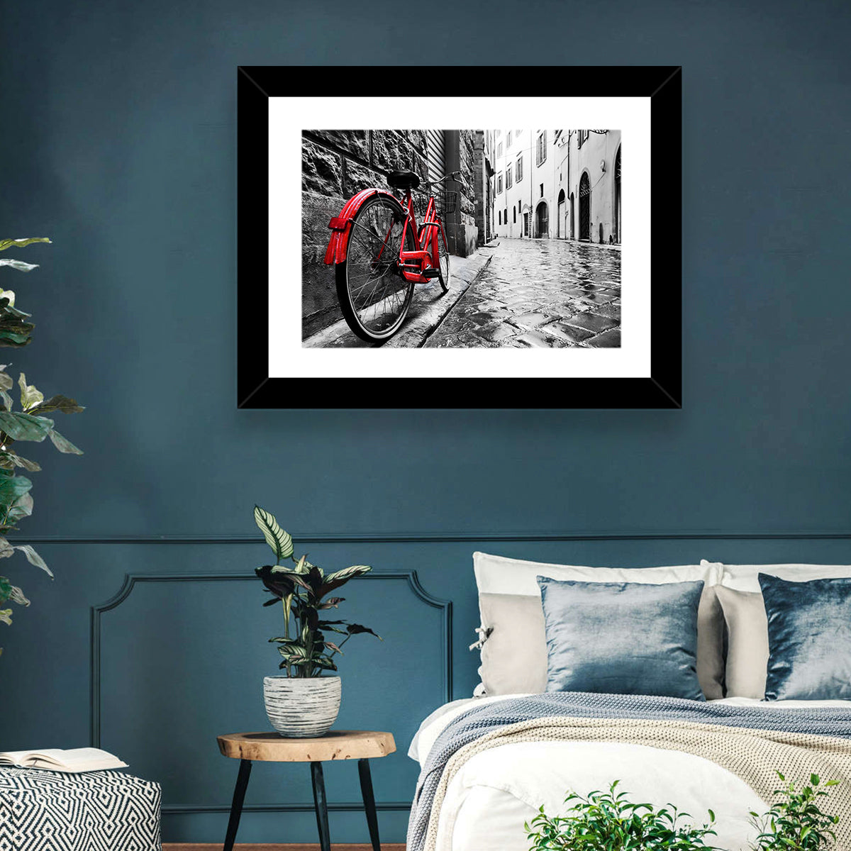 Red Bicycle on Rainy Cobblestone Street Wall Art in a room, landscape