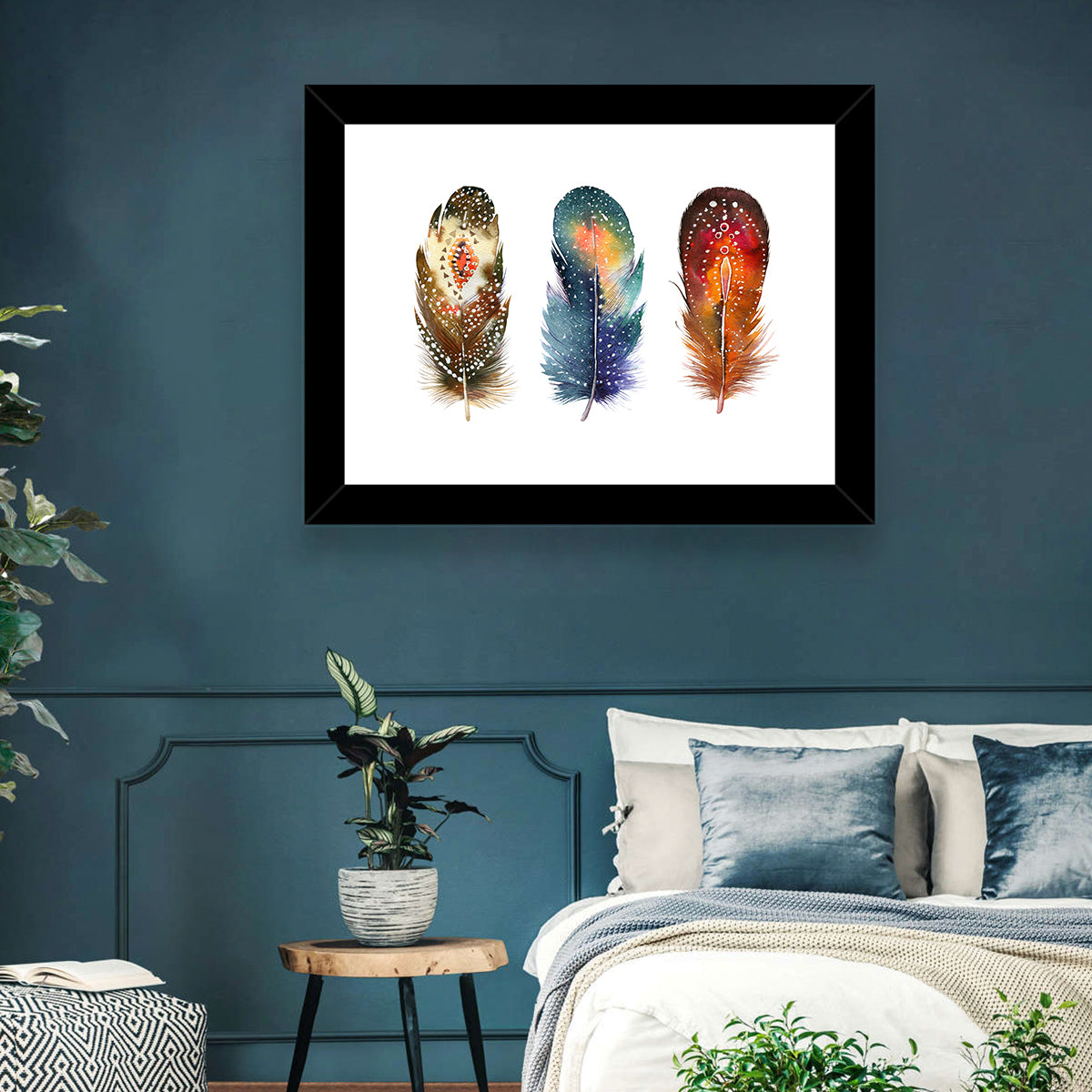 Boho Watercolor Feather Trio Wall Art in a room, landscape